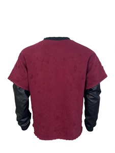 Custom <b>Men</b> Vintage Distressed Maroon <b>Long</b> Sleeve Waffle Fabric <b>T</b> <b>Shirt</b> Rhinestone Cross Graphic Leather Sleeve Double Layer - Product Image 3