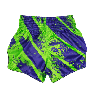 Pantalones Cortos de Muay Thai Verde Brillante y Morado, Pantalones Cortos de Artes Marciales, Cintura Elástica, Pantalones Cortos de Entrenamiento - Product Image 2