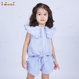 Blue ODM Wholesale Girls Clothing Sets Casual Smocked with Character Pattern Hand Embroidered Floral Collar 100% Cotton-DR4079 - Product Image 2