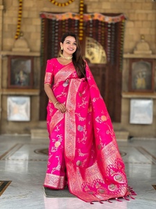 Sari en soie Banarasi de qualité supérieure, look traditionnel, pour femmes, avec chemisier de la même couleur, provenant d'un fournisseur indien, au meilleur prix. - Product Image 3