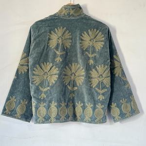 Dusty Blue <b>Velvet</b> Cotton Embroidery Breathable Handmade Suzani Inspired <b>Quilted</b> Statement Jacket - Product Image 4