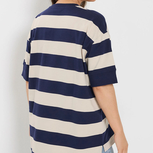 เสื้อยืดคอกลมลายทางผู้หญิง แขนสั้น ทรงหลวม ผ้าฝ้ายถัก 100% สวมใส่สบายๆ สำหรับฤดูใบไม้ผลิและฤดูร้อน ปี 2026 ลดราคาพิเศษ - Product Image 5