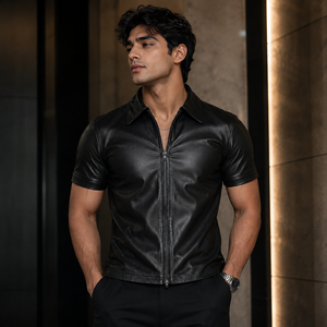 Chemise Homme Noire en Cuir Véritable à Manches Courtes, Bouton Unique, Col Rabattu en Cuir de Vachette Premium, Coupe Slim Moderne, Décontractée et Anti-Plis - Product Image 3