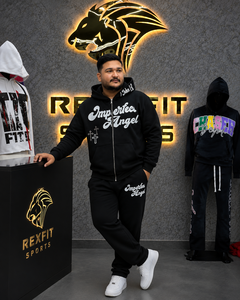 Ensemble survêtement REXFITSPORTS Angel noir à capuche zippé et pantalon de jogging, manches longues, streetwear, pour homme, grandes tailles, tenue décontractée d'automne - Product Image 4