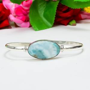 Larimar Gemstone Bangle Natural Stone 925 Sterling <b>Silver</b> Jewelry Handmade Statement Cuff Christmas Gift - Product Image 5