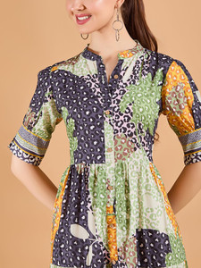 Robe midi trapèze pour femme, faite à la main, imprimé floral bohème, en coton, robe maxi décontractée pour femme, tenue d'été, robe midi à manches courtes - Product Image 2