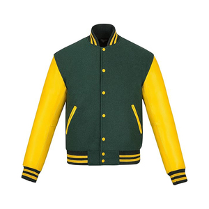 Veste universitaire verte et jaune avec manches en cuir PU, col rabattu, coupe décontractée, fermeture boutonnée, idéale pour l'automne - Product Image 1