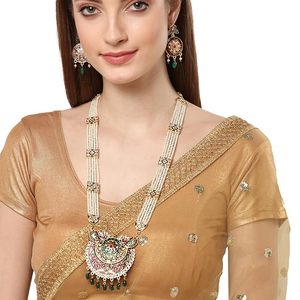 Ensemble collier et boucles d'oreilles en alliage plaqué or indien pour femmes, bijoux de mariage, design Rani Haar, motif floral, style classique - Product Image 4