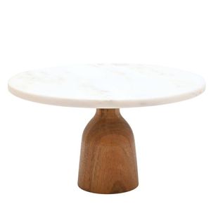 Natural White <b>Marble</b> & Acacia Wood Two-Tone <b>Cake</b> Pedestal Elegant Dessert Display <b>Stand</b> - Product Image 3