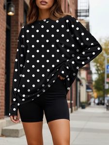 Pull à manches longues pour femme, imprimé à pois noir et blanc, col rond, manches chauve-souris, haut décontracté, 100% polyester, respirant, toutes saisons - Product Image 5