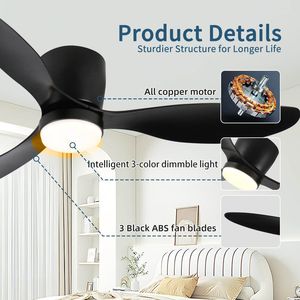 Ventilatore da soffitto a LED intelligente da 52 pollici, silenzioso, con motore DC, per interni ed esterni, a basso profilo, colore nero. - Product Image 3