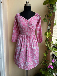 เดรสพิมพ์ลายบล็อกมือทำ ขายดีปี 2026 คอวี แขนยาว สไตล์โบโฮ เดรสสั้นสำหรับฤดูร้อนสำหรับผู้หญิง - Product Image 4