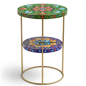 Table d'appoint ronde artisanale avec incrustations en os et structure métallique – Table d'appoint décorative à deux niveaux multicolore pour salon et chambre - Product Image 5