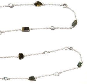 Natural Black Tourmaline White Topaz Gemstone Beaded Long <b>Chain</b> Necklace 925 Sterling <b>Silver</b> Handmade Bohemia Style Jewelry Gift - Product Image 2