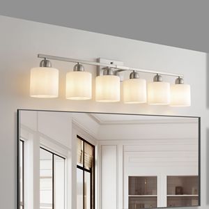 Lampada da Parete per Bagno a 6 Luci in Nichel da 38 Pollici con Paralume in Vetro Bianco Opaco, Illuminazione Elegante per Vanità - Product Image 3