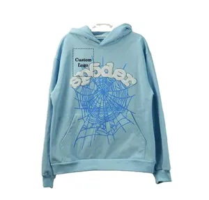 Men's Pullover Drop Shoulder Cotton Hoodies In Blue Color Wholesale Cheap Breathable Quick Dry Spider Printed With Puff Printing