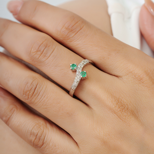 High End Quality Beautiful 925 Sterling <b>Silver</b> Natural Round <b>Emerald</b> & Diamond Wave Band Unique Design <b>Ring</b> Gift For Her - Product Image 2