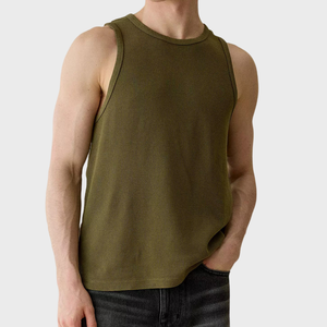Débardeur en tricot sans manches pour homme, vert olive, col rond, coton uni, vêtement décontracté - Product Image 1