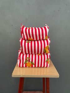 Ensemble de sacs fourre-tout en coton rayés rouge et blanc avec motif citron brodé, style vintage, 3 pièces, usage quotidien, commande en gros - Product Image 1