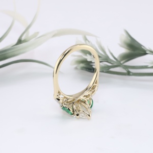 Vintage Yellow Gold Marquise Lab Grown Engagement <b>Ring</b> Green Emerald Side Accent Lotus <b>Crown</b> Filigree Solitaire Wedding <b>Ring</b> - Product Image 4