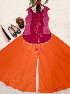 Pink Orange Salwar Kameez Set for Women Modern Designer Ethnic Crop <b>Top</b> Skirt Outfit All Party Wear <b>Indian</b> Traditional Dress - Product Image 4