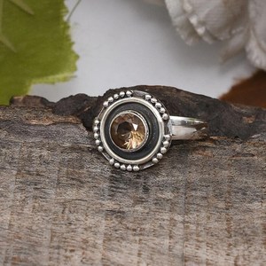 Round Cut Citrine Gemstone <b>Ring</b> Bezel Setting Minimalist 925 Sterling Silver Oxidized Boho Jewelry Gift for Women Party - Product Image 3