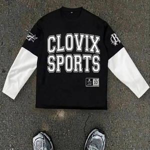 T-shirt à manches longues pour homme Clovix Sports, jaune et blanc, bordure contrastée, col rond, jersey décontracté en coton, coupe classique - Product Image 2