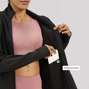 Haut de yoga noir à manches longues, col montant, fermeture éclair sur le devant avec poches, respirant, couleur unie, vêtements de sport - Product Image 6