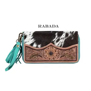 Western Style Hair On Hide Colour Tooled Fur Leather Clutch Women Designed Purse Hot Selling Tooled Leather Unique Wallet