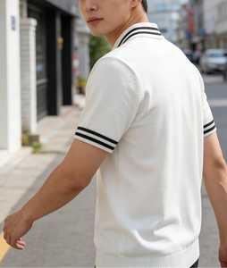 Men's Short Sleeve Solid Color Knitted Polo Shirt Regular Fit White with Black Trim Collar and Cuffs Preppy Style - Product Image 6
