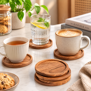 Wooden Round <b>Coaster</b> <b>Set</b> of 4 Heat Resistant Drink Mats Modern Table Protection Natural Wood Design High Selling - Product Image 2
