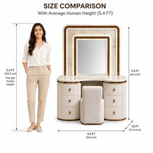 Modern LED Bedroom <b>Makeup</b> <b>Vanity</b> Table with Illuminated <b>Mirror</b> Marble Finish Upholstered Stool Storage Drawers - Product Image 4
