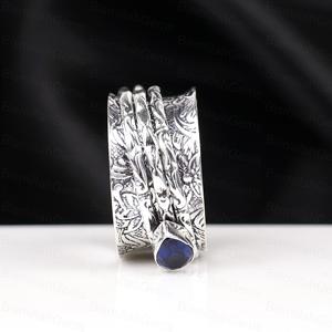 Vintage 925 Sterling <b>Silver</b> Blue Sapphire Spinner for Anxiety Relief Boho Pear Shape Sapphire Meditation Handmade <b>Ring</b> Jewelry - Product Image 6