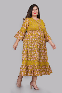 Ensemble ethnique en coton lurex imprimé floral, robe Anarkali verte à manches évasées, col rond, grande taille, vêtements décontractés pour femmes, vente en gros - Product Image 3