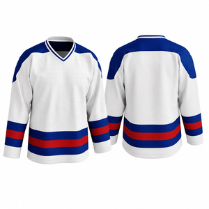 Maillot de hockey sur glace blanc imprimé pour homme avec logo personnalisé, rayures bleues et rouges, col en V, manches longues, polyester, évacuation de l'humidité - Product Image 5