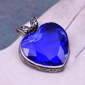 Handcrafted 925 Sterling Silver Blue Heart Gemstone Pendant Large Royal Blue Statement <b>Necklace</b> Wholesale Jewelry - Product Image 2