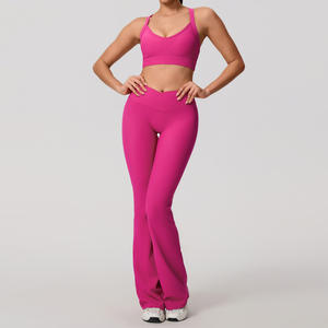 Conjunto Deportivo de Yoga Transpirable de Secado Rápido, 2 Piezas, Top Deportivo de Nailon de Alta Elasticidad y Leggings Ajustados de Cintura Alta para Mujer - Product Image 1