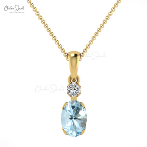 Pendentif en aquamarine naturelle 7x5mm et diamant avec collier en or massif 14 carats, vente en gros, bijoux de mariage - Product Image 1