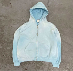 Sweat à capuche zippé personnalisé pour femmes et hommes, coupe ample, vintage, 400gsm 500gsm, épais, délavé soleil, effet vieilli, bleu ciel, délavé à l'acide - Product Image 1