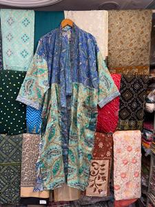 Robe kimono pour femme en soie 100% patchwork, col en V, cordon de serrage, manches trois-quarts, longueur intégrale, respirante, douce, style décontracté - Product Image 1