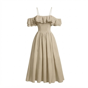 Robe trapèze épaules dénudées pour femme, couleur unie, en satin plissé, ajustée, élégante, pour soirée, printemps, décontractée, en tissu tissé - Product Image 1