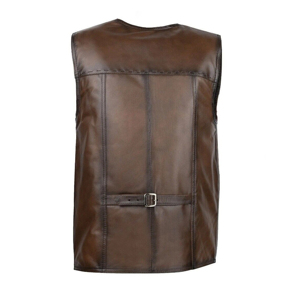 Gilet Homme 100% Cuir Véritable Marron Col V Simple Boutonnage Fermeture Éclair Décontracté Style Urbain Hiver - Product Image 3