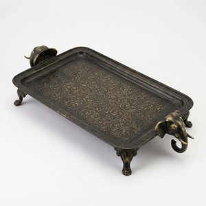 Handmade 48 cm Dark Antique Brass Serving Tray with Artistic Sculptural Handles & Gajraj Cast <b>Elephant</b> Home <b>Decor</b> H - Product Image 3