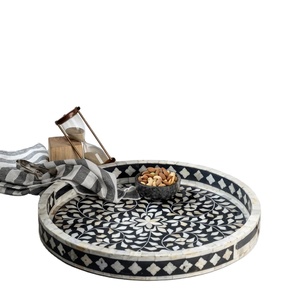 Handmade <b>Black</b> And White Bone Inlay Round Serving Tray Decorative Mop Inlay Coffee Table Decor Crafted Food Server Tray For Sale - Product Image 1