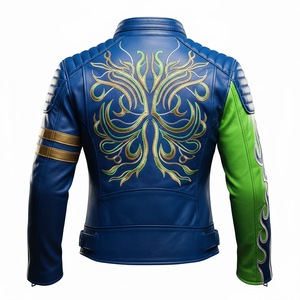 Chaqueta de Motociclista Personalizada para Hombre, de Cuero Azul Verde, Resistente al Viento, para Invierno, con Bordado de Llamas y Rayas Doradas, Estilo Biker, OEM - Product Image 2