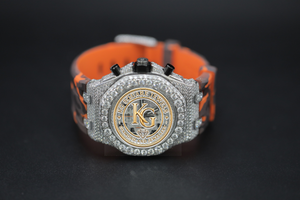 Montre mécanique chronographe avec incrustation de diamants, cadran rond, bracelet orange, lunette sertie de diamants, luxe et mode - Product Image 1