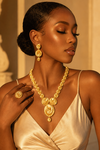 African Spiral Design Gold Plated Brass Flower Box Chain <b>Statement</b> <b>Necklace</b> Set for Women Party Jewelry - Product Image 4