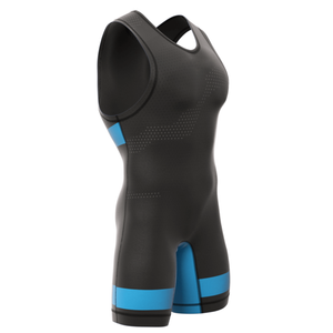 Combinaison de lutte personnalisée pour homme, noire et bleue, avec impression thermocollée sur le devant, régulière, anti-humidité, séchage rapide, extensible et respirante - Product Image 2