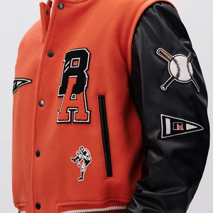 Chaqueta Varsity Unisex Naranja con Mangas Negras, Diseño de Parche con Letra BA Bordada, Estilo Preppy, Corte Regular, Impermeable, 100% Lana - Product Image 6