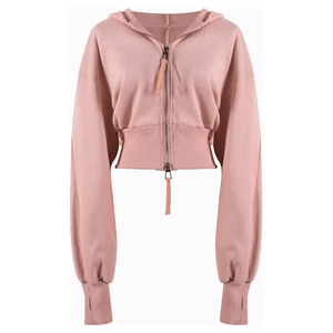 Sudadera con capucha de alta calidad para mujer, personalizada, con cremallera, de algodón y forro polar, lisa, con hombros caídos, estilo crop top. - Product Image 1